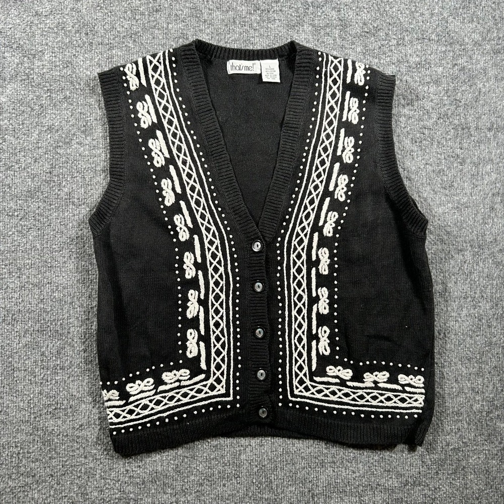That's Me! Sweater Vest Womens Size L Black Ramie Cotton Embroidered Pearl Knit